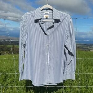 Talbots Wrinkle Resistant Navy Blue white Stripe Colared Blouse Top 90s VTG 12